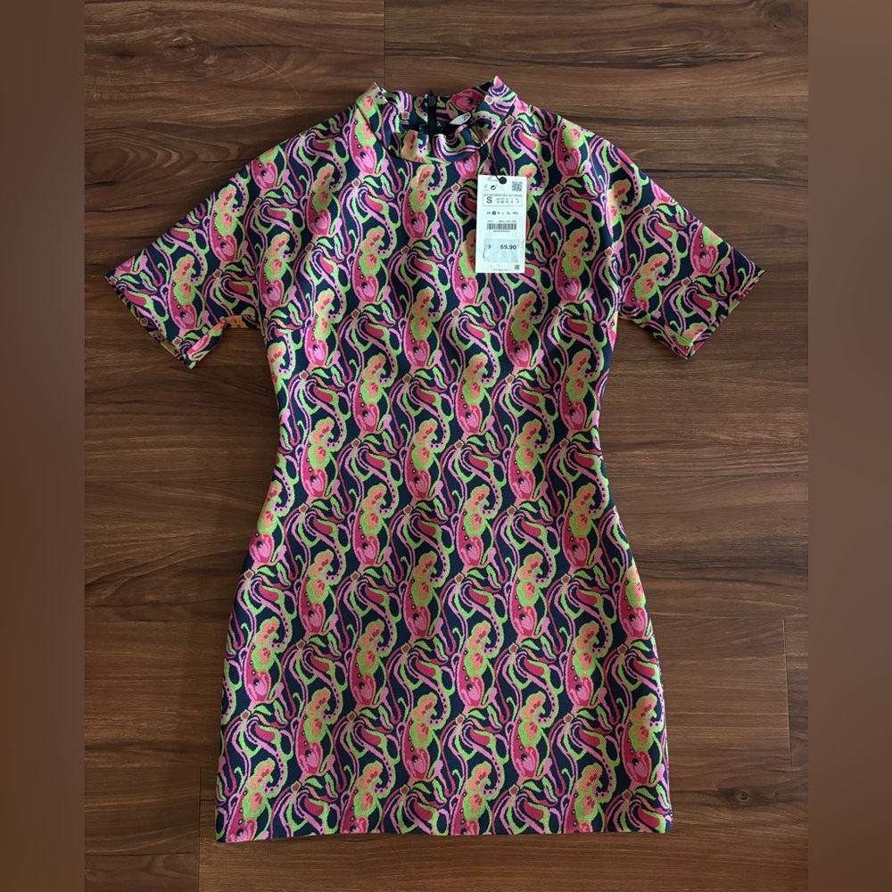Zara Pink and Green Mini Dress Size Small